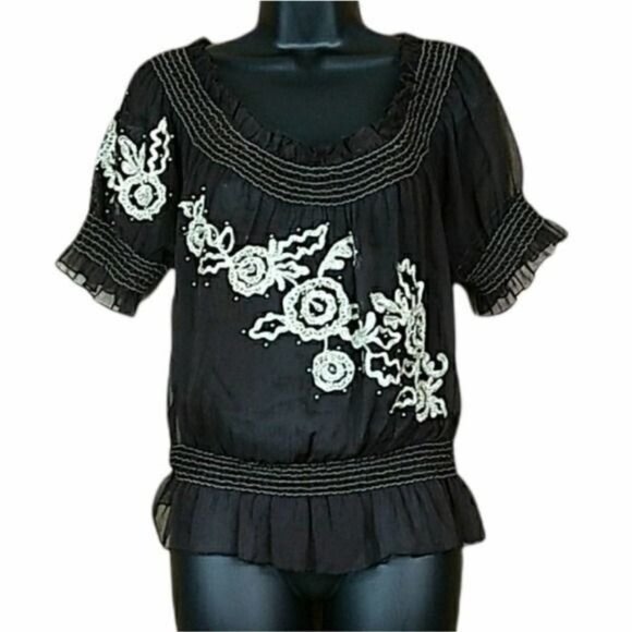 MARINEBLU Sz M Sheer Embroidered Ruffle Peplum Top Round Neck Spring Fall Layer - Picture 2 of 7